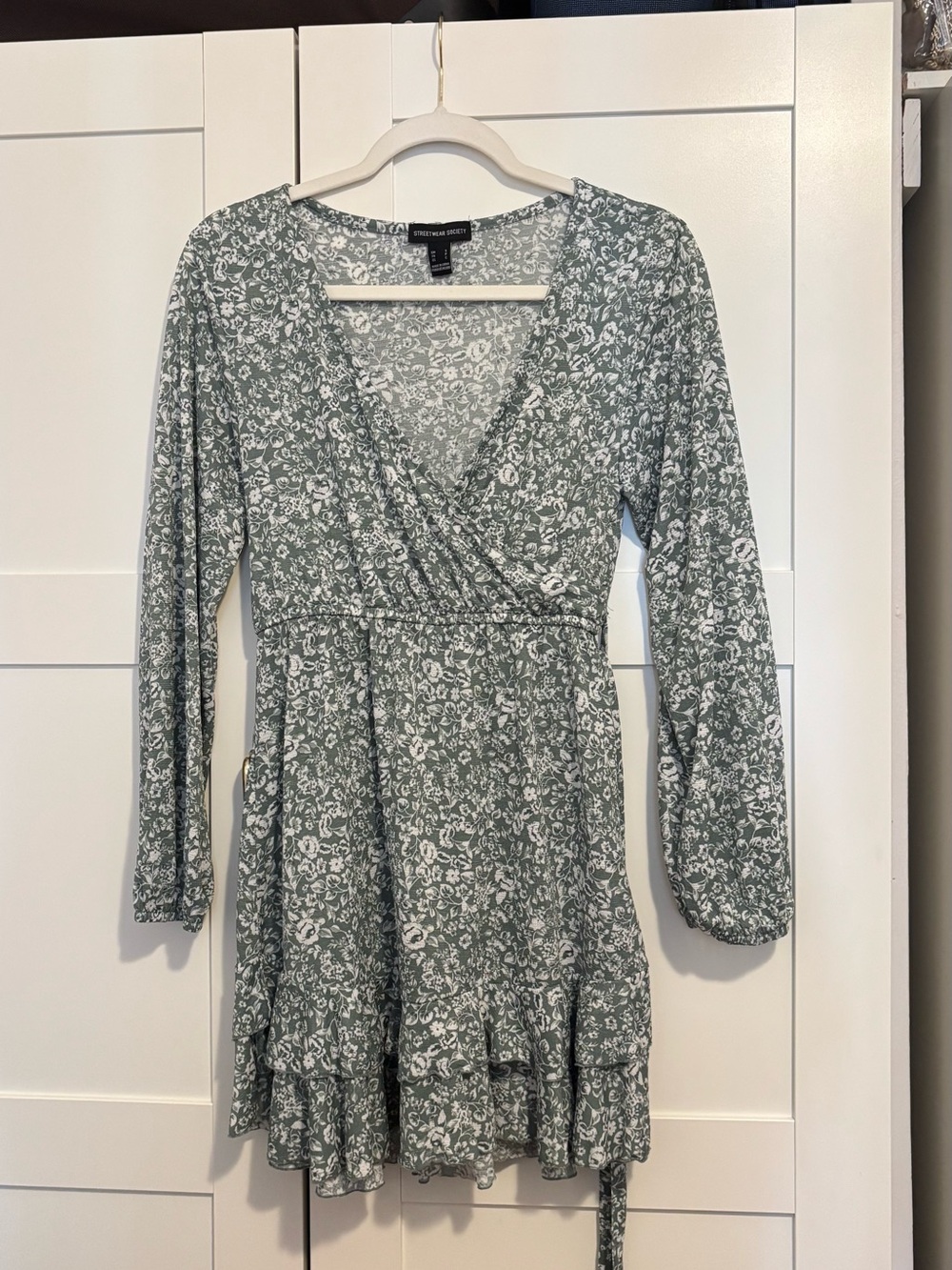Streetwear Society Sage Green Floral Long Sleeve Wrap Dress